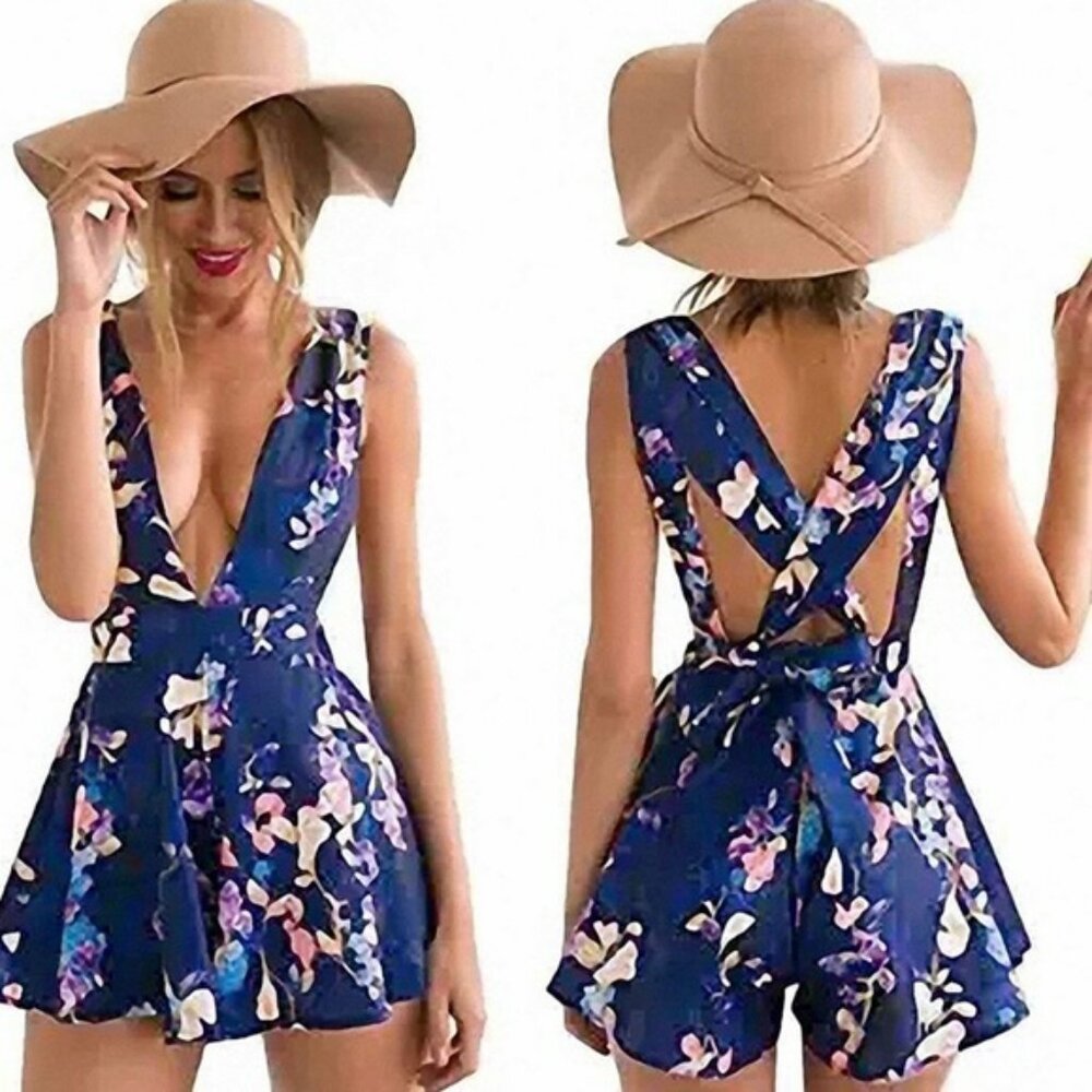 MOXEAY Floral Romper S Blue Sleeveless Deep V Tie Back Garden Party Cottagecore